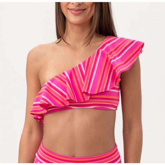 Trina Turk Marai Swim Top One Shoulder Ruffle Pink Striped Padded Beach US 4 NWT - Picture 1 of 10